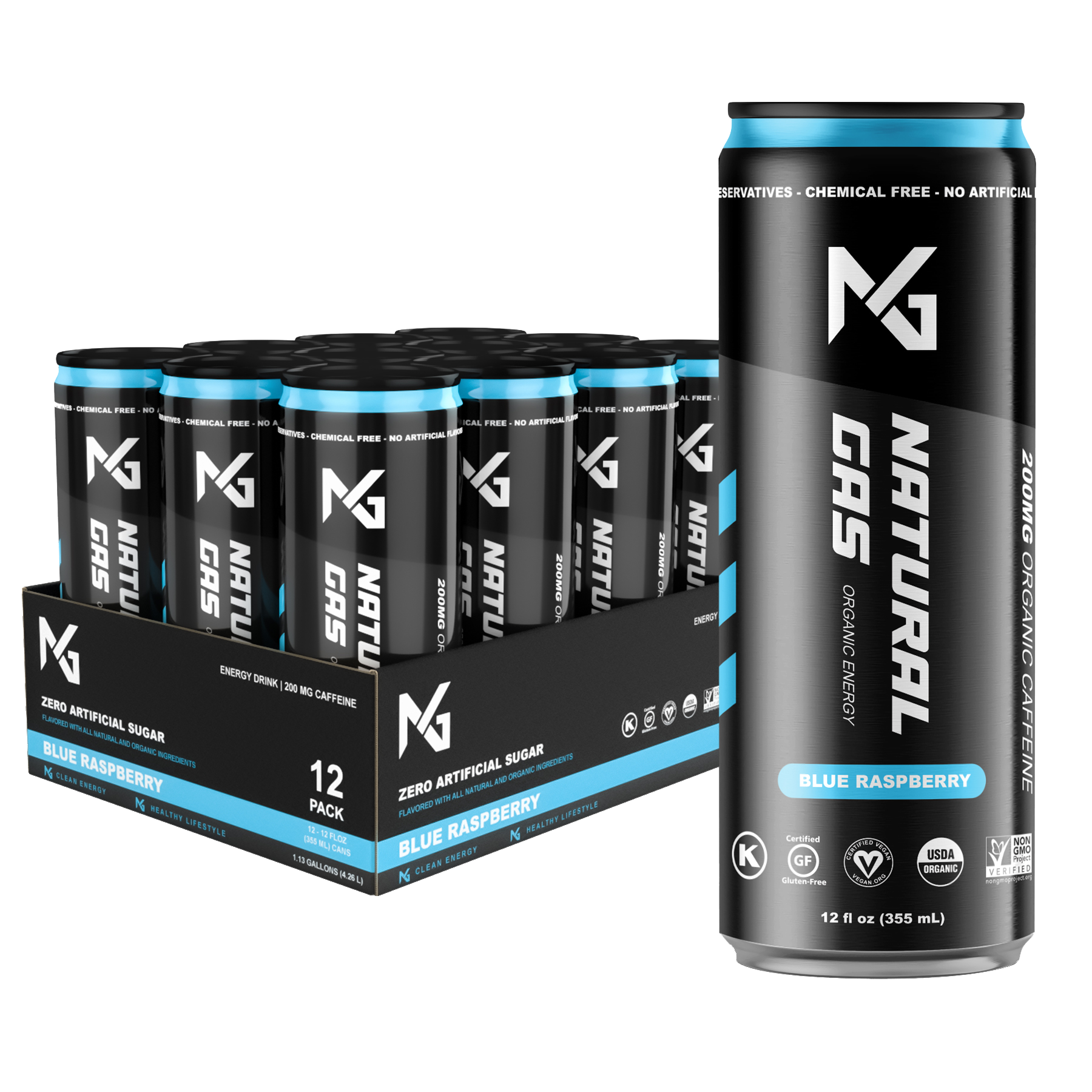 Blue Raspberry Natural Gas Organic Energy Drink 12-Pack and single 12 oz can – 200mg organic caffeine, zero artificial sugar, clean ingredients, and certified USDA Organic, Non-GMO, Vegan, and Gluten-Free.