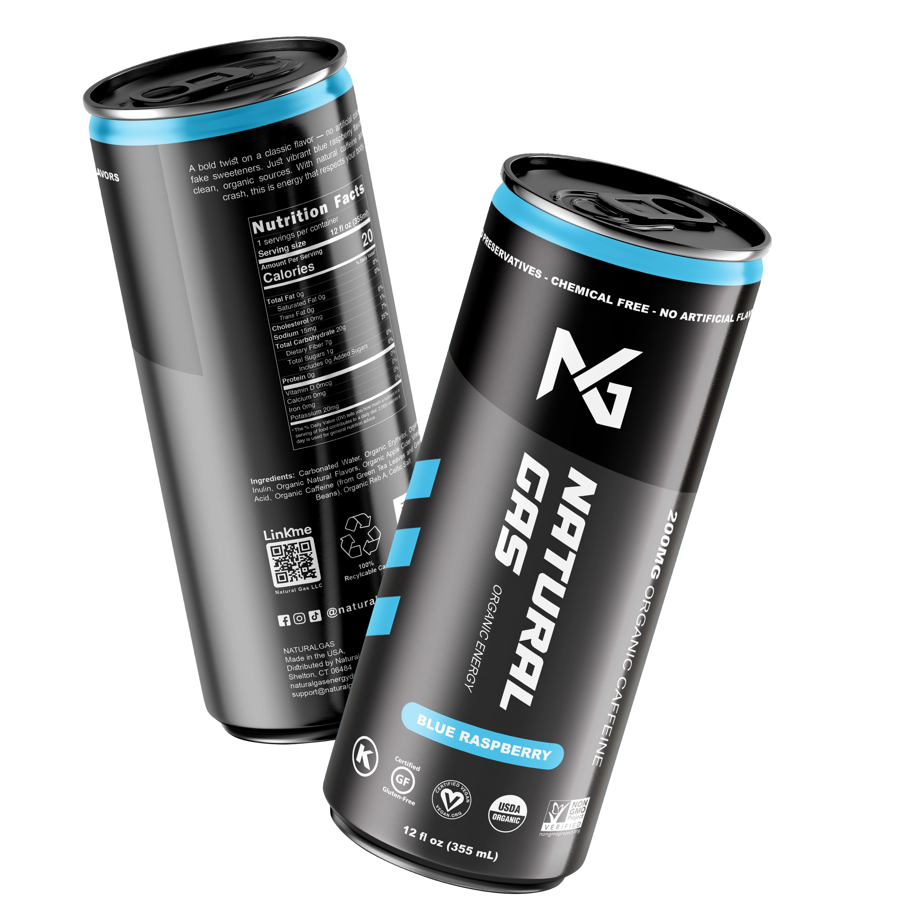 Two 12 fl oz cans of Natural Gas Organic Energy Drink in Blue Raspberry flavor, featuring USDA Organic certification, Non-GMO, Gluten-Free, and Vegan labels, with 200mg organic caffeine and zero artificial sugar for clean energy.