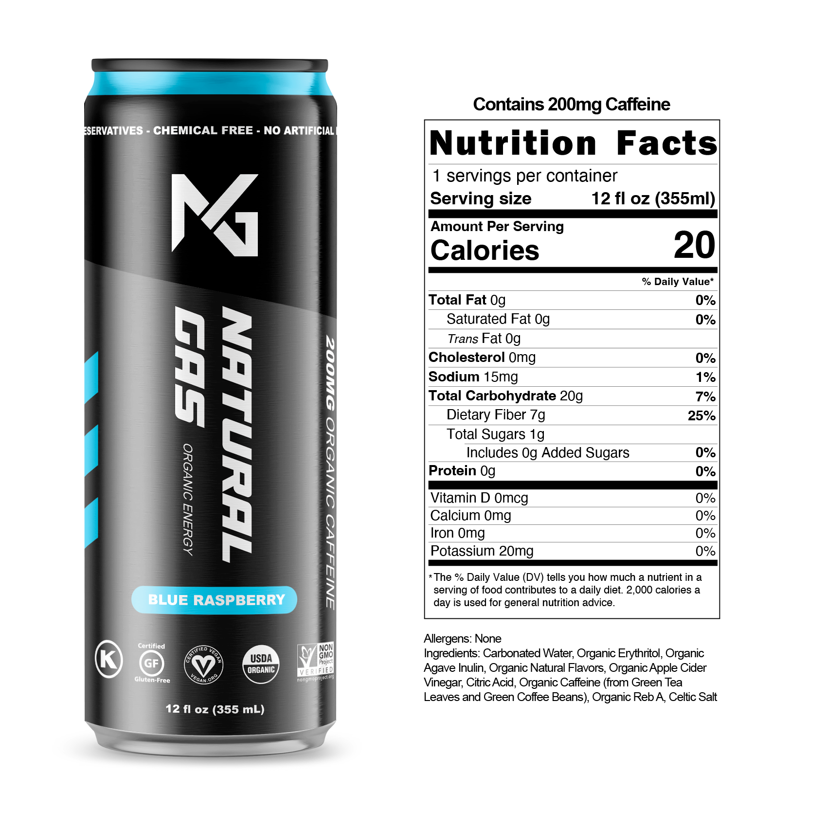 Blue Raspberry Natural Gas Organic Energy Drink with full label, nutrition facts, and ingredients – 12 oz can containing 200mg organic caffeine, zero artificial sugar, and organic ingredients like apple cider vinegar, agave inulin, and natural blue raspberry flavor.