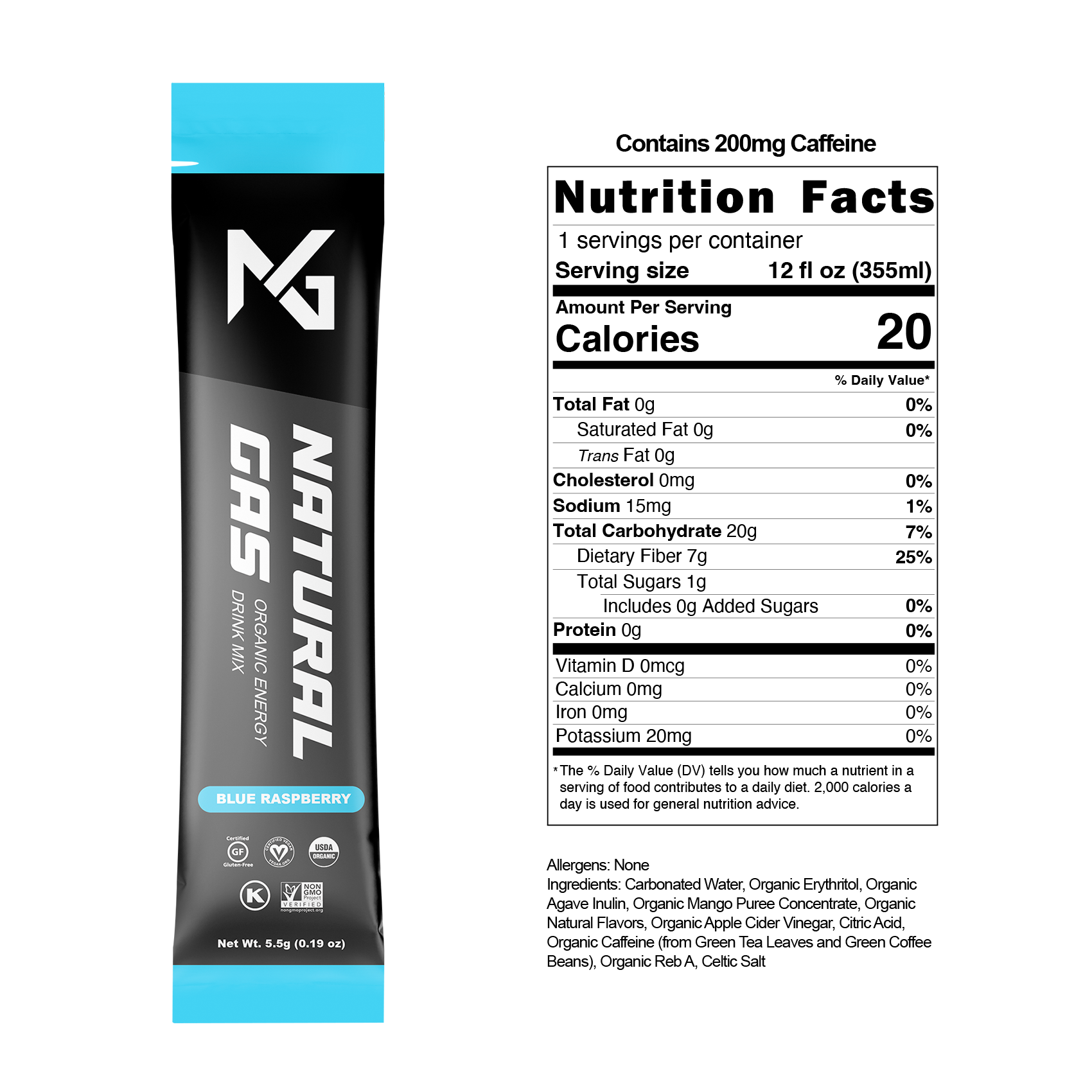 Natural Gas Blue Raspberry Organic Energy Stick Pack with label showing USDA Organic certification, zero artificial sugar, and ingredients like mango puree, apple cider vinegar, agave inulin, and 200mg of organic caffeine.