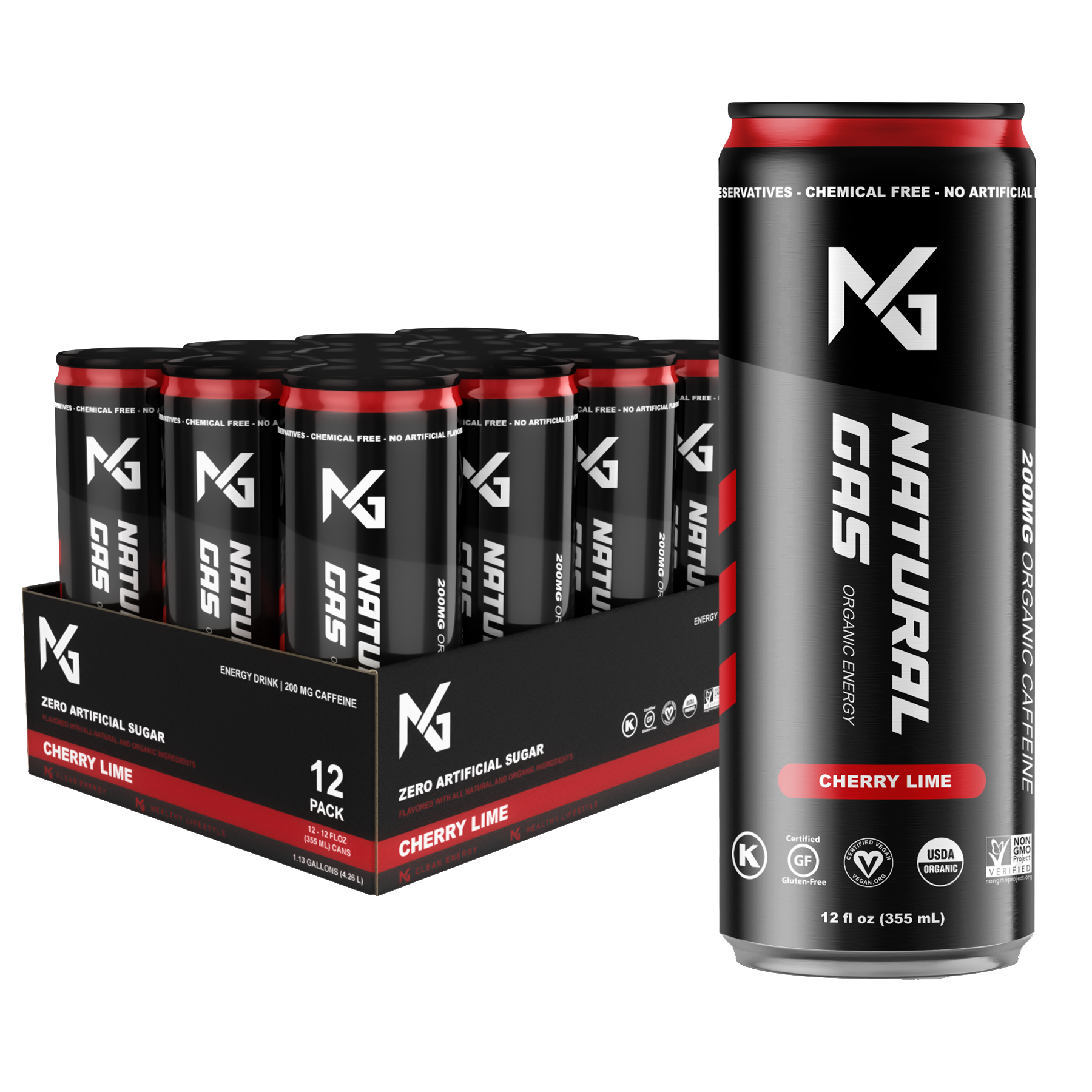 Cherry Lime Natural Gas Organic Energy Drink 12-Pack and single 12 oz can – made with 200mg organic caffeine, zero artificial sugar, and clean-label ingredients certified USDA Organic, Non-GMO, Vegan, and Gluten-Free.