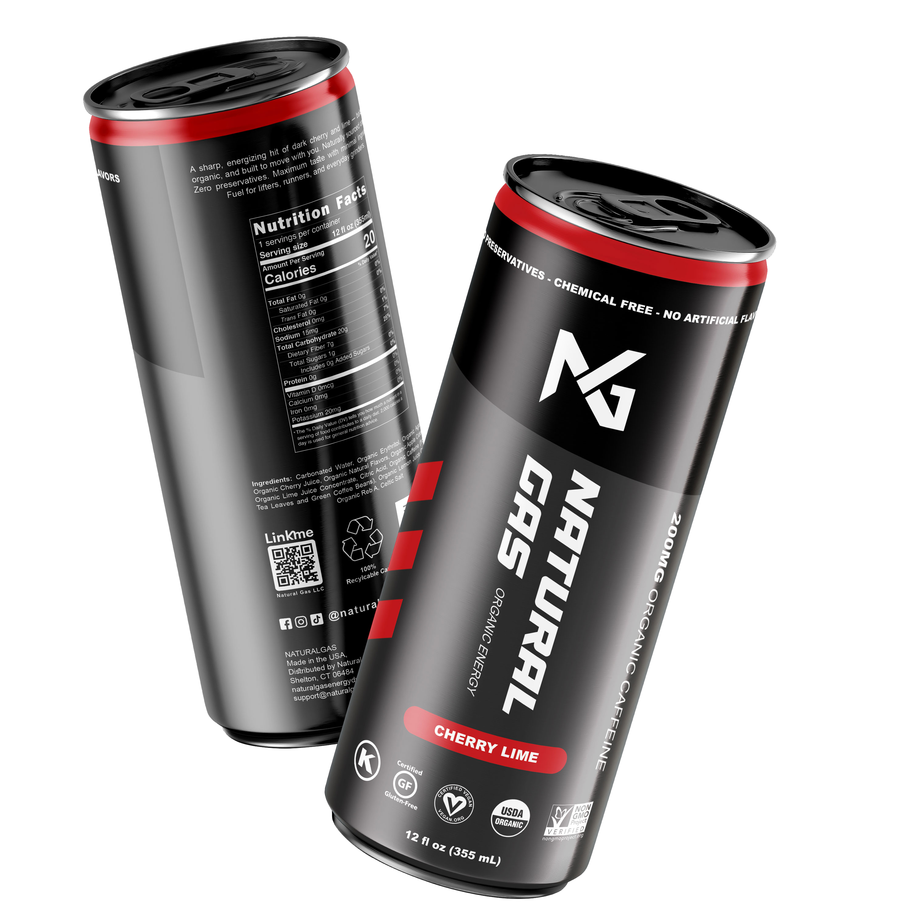 Two 12 fl oz cans of Natural Gas Organic Energy Drink in Cherry Lime flavor, highlighting USDA Organic certification, Non-GMO, Gluten-Free, and Vegan icons, with 200mg organic caffeine and zero artificial sugar.