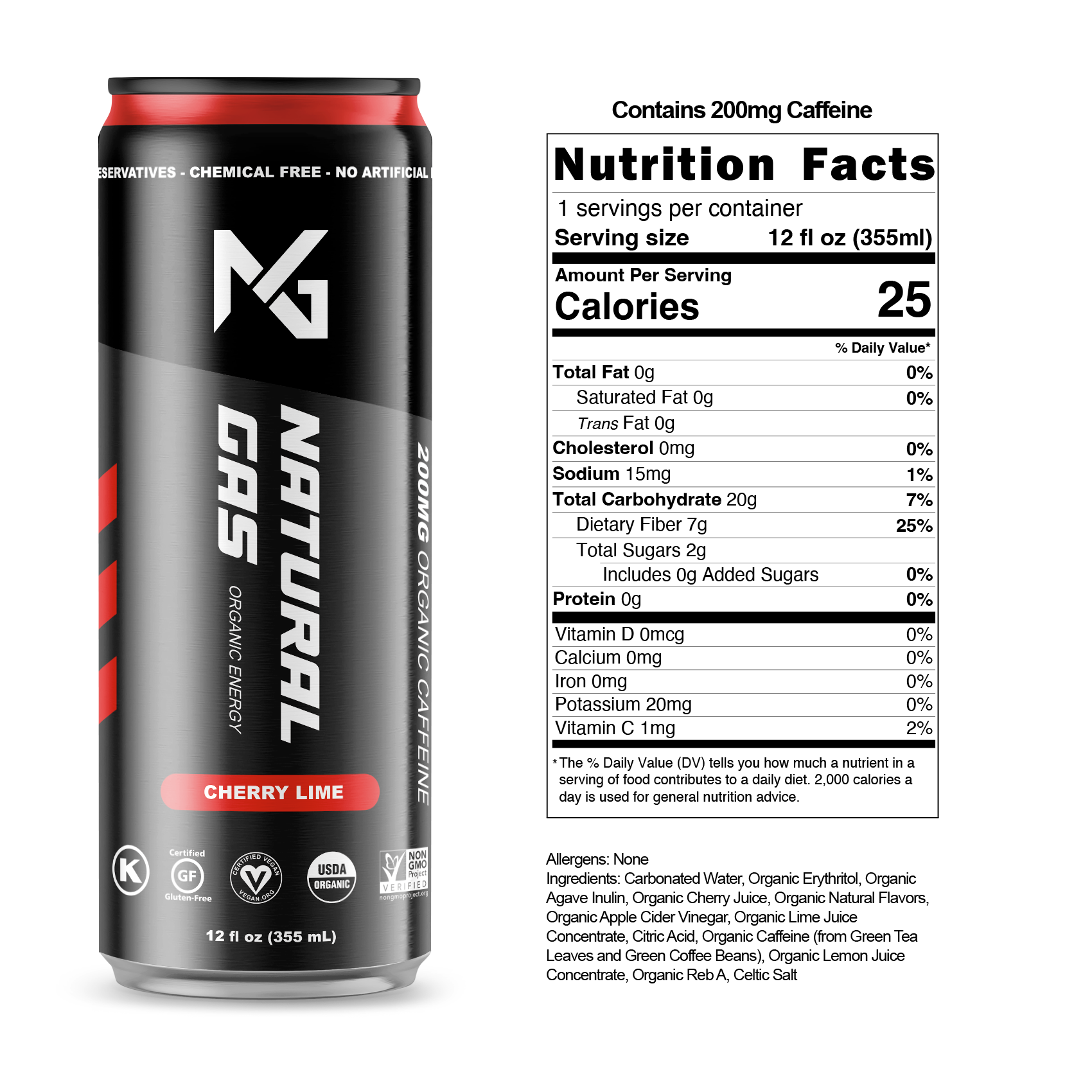 Nutrition label and ingredients for Cherry Lime Natural Gas Organic Energy Drink – 25 calories, 200mg organic caffeine, 7g fiber, 0g added sugar, made with organic cherry juice, apple cider vinegar, and natural flavors.