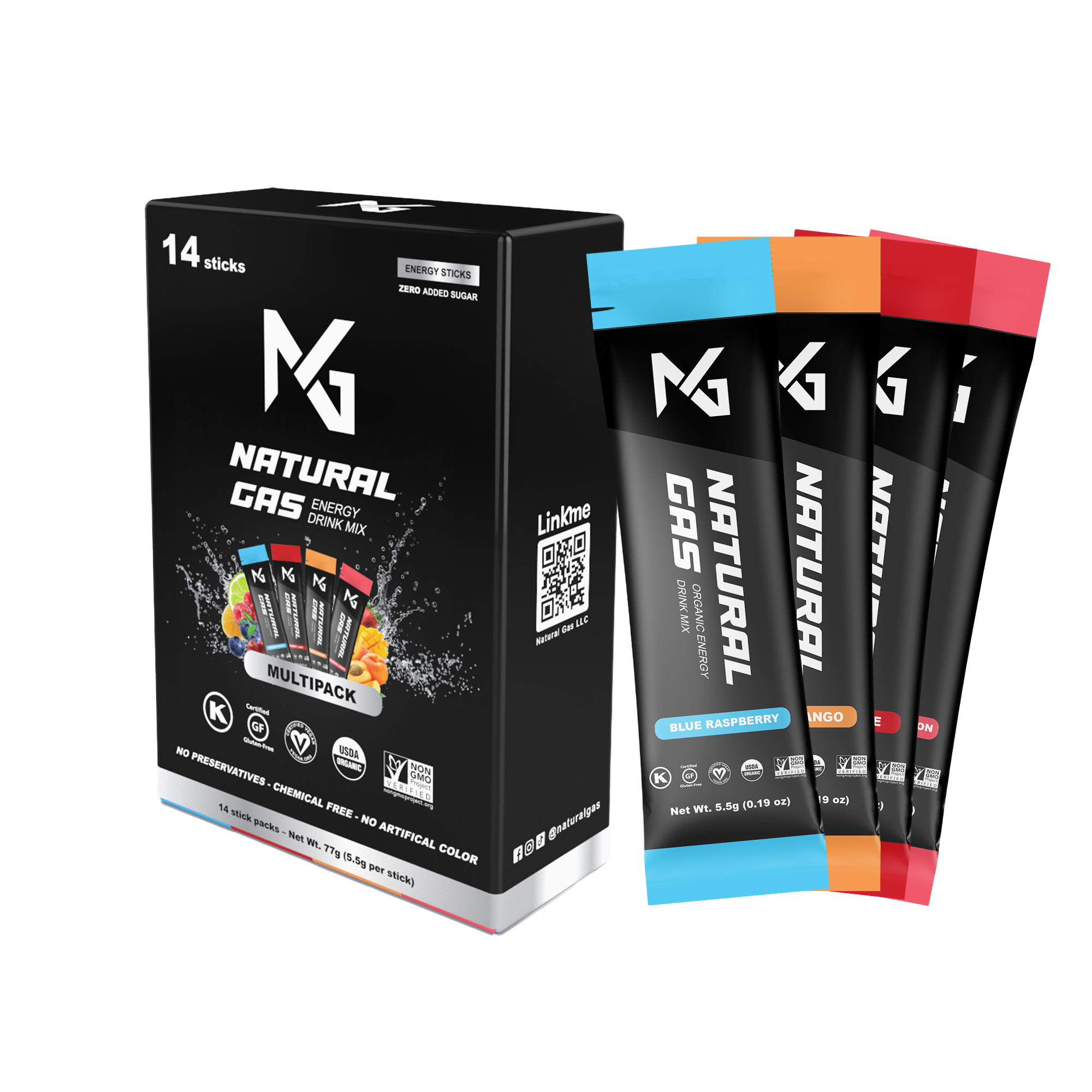 Natural Gas energy drink stick pack multipack with Blue Raspberry, Peach Mango, Strawberry Lemon, and Cherry Lime flavors – organic, zero artificial sugar, vegan, non-GMO, USDA Organic certified