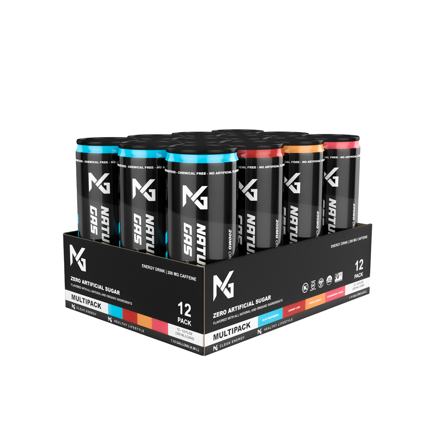 Natural Gas Organic Energy Drink 12-Pack Multipack featuring Blue Raspberry, Cherry Lime, Peach Mango, and Strawberry Lemon cans – 200mg organic caffeine, zero artificial sugar, and clean-label ingredients.