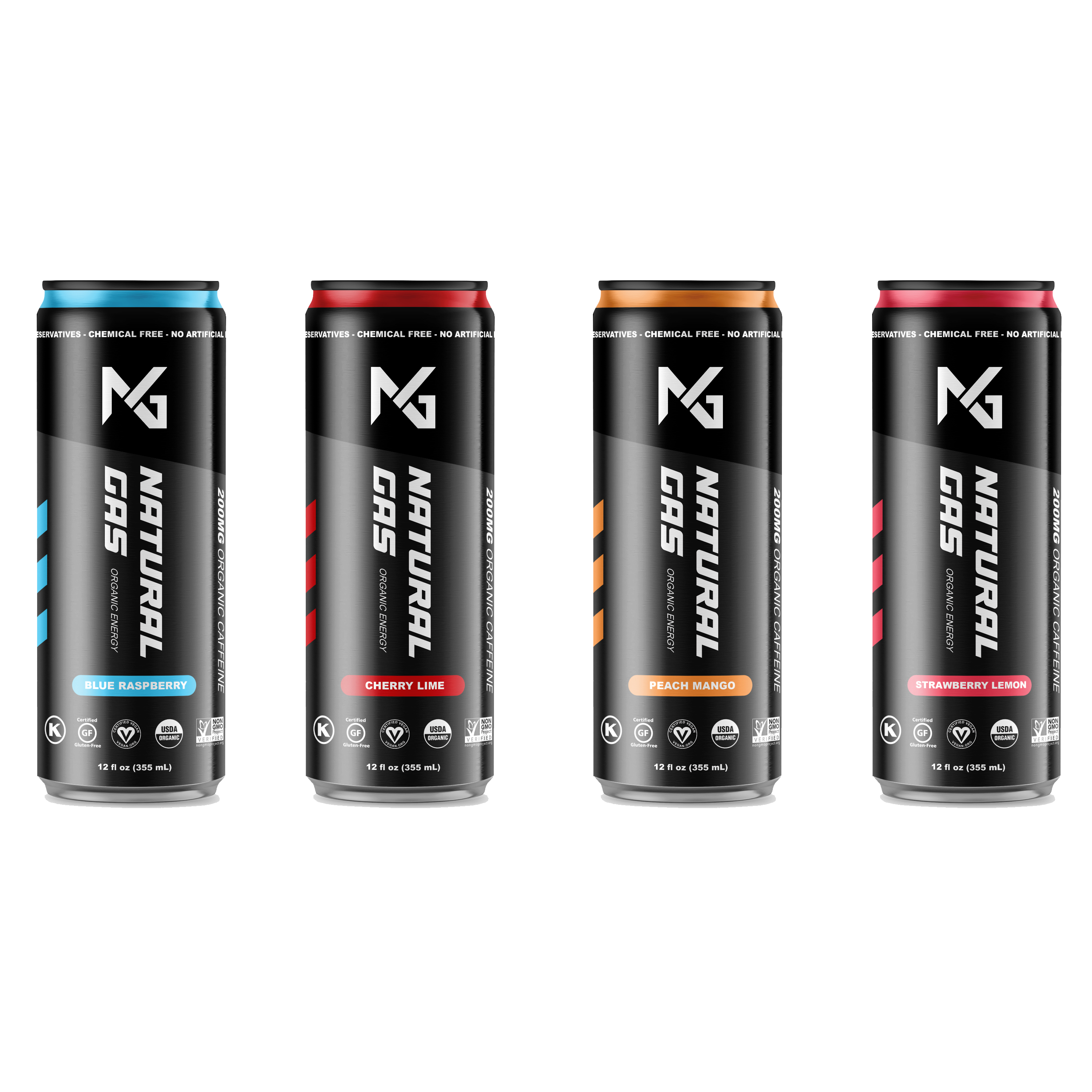 Natural Gas Organic Energy Drink full flavor lineup – Blue Raspberry, Cherry Lime, Peach Mango, and Strawberry Lemon – 200mg organic caffeine, zero artificial sugar, USDA Organic, Gluten-Free, Non-GMO, and Vegan certified.