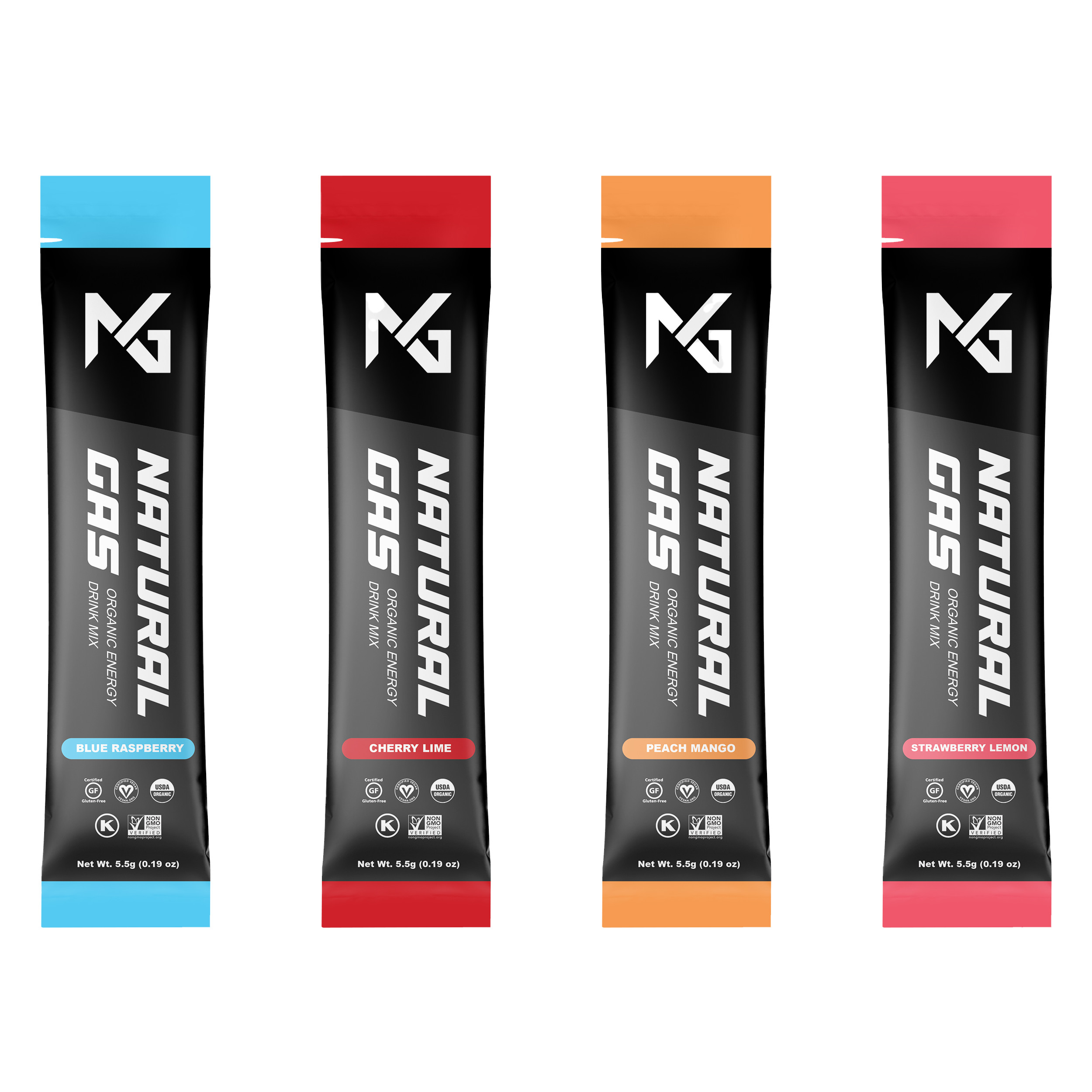 Natural Gas Organic Energy Stick Pack lineup featuring Blue Raspberry, Cherry Lime, Peach Mango, and Strawberry Lemon – zero artificial sugar, USDA Organic, Gluten-Free, Vegan, and Non-GMO certified clean energy drink mix.