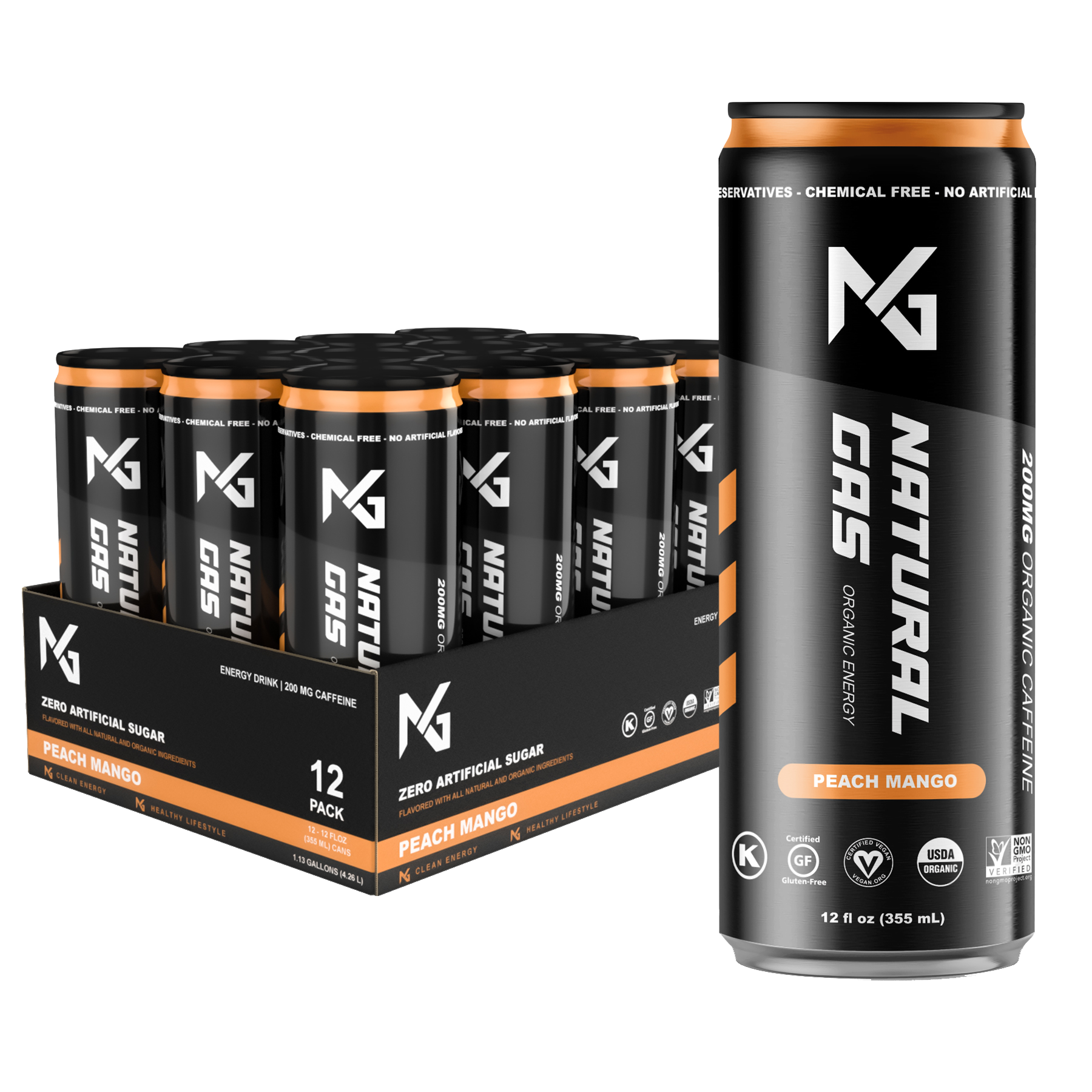 Peach Mango Natural Gas Organic Energy Drink 12-Pack and single 12 oz can – 200mg organic caffeine, zero artificial sugar, and clean, functional ingredients with USDA Organic, Non-GMO, Vegan, and Gluten-Free certification.