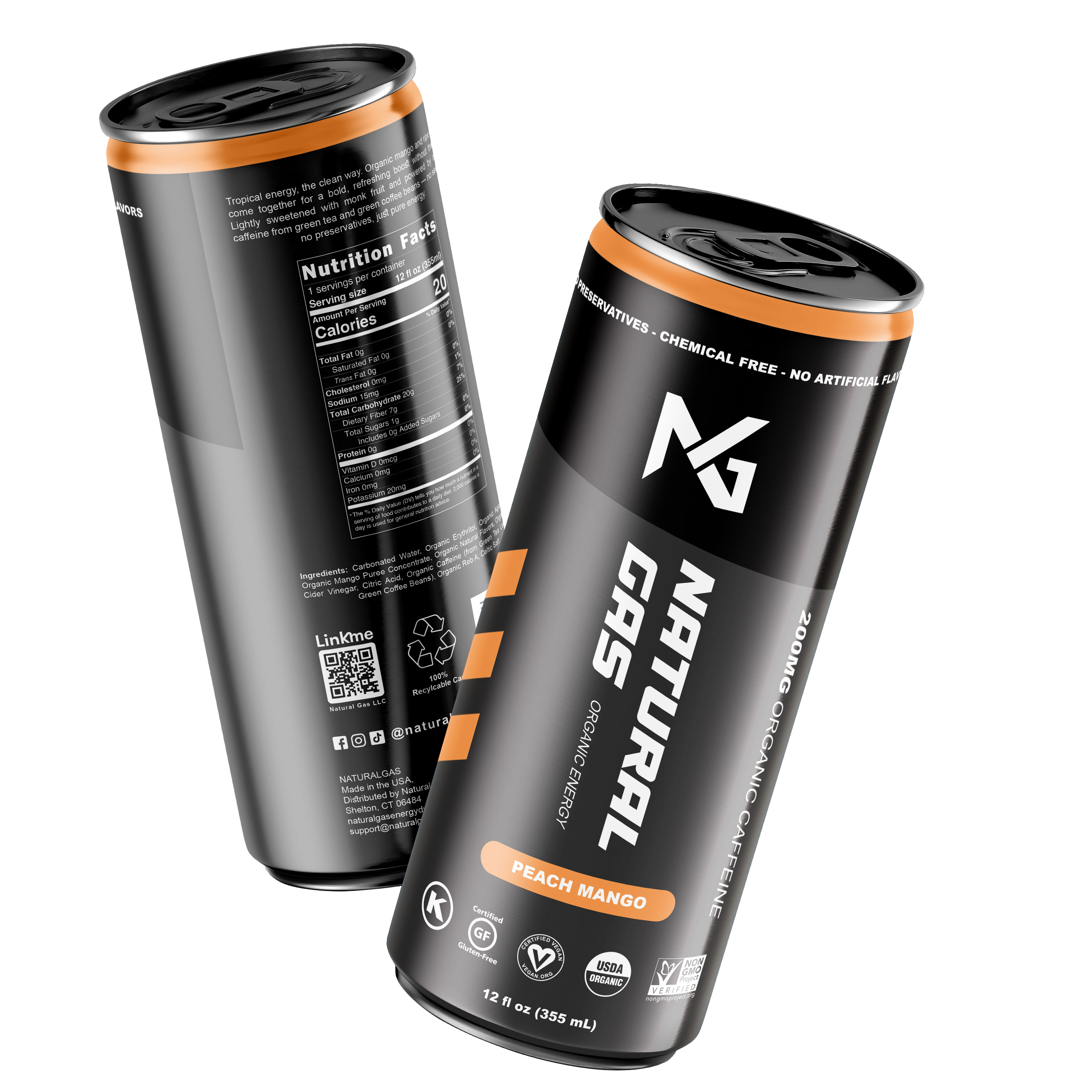 Two 12 fl oz cans of Natural Gas Organic Energy Drink in Peach Mango flavor, highlighting USDA Organic certification, Non-GMO verification, 200mg organic caffeine, and zero artificial sugar in a tropical clean-energy formula.
