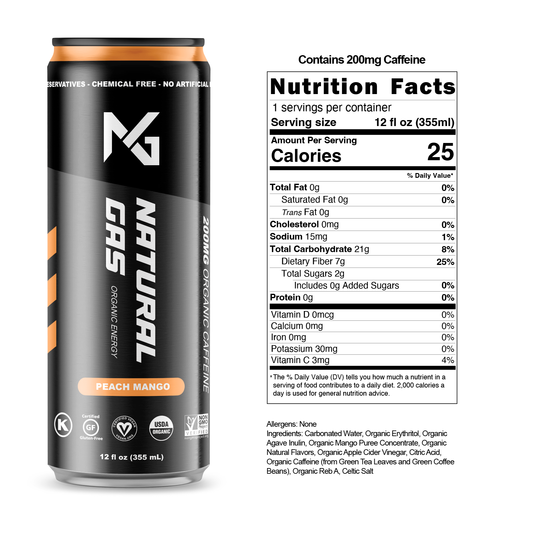 Peach Mango Natural Gas Organic Energy Drink with visible label, nutrition facts, and ingredient list – 12 oz can with 200mg organic caffeine, zero artificial sugar, and clean organic ingredients including mango puree, apple cider vinegar, and agave inulin.