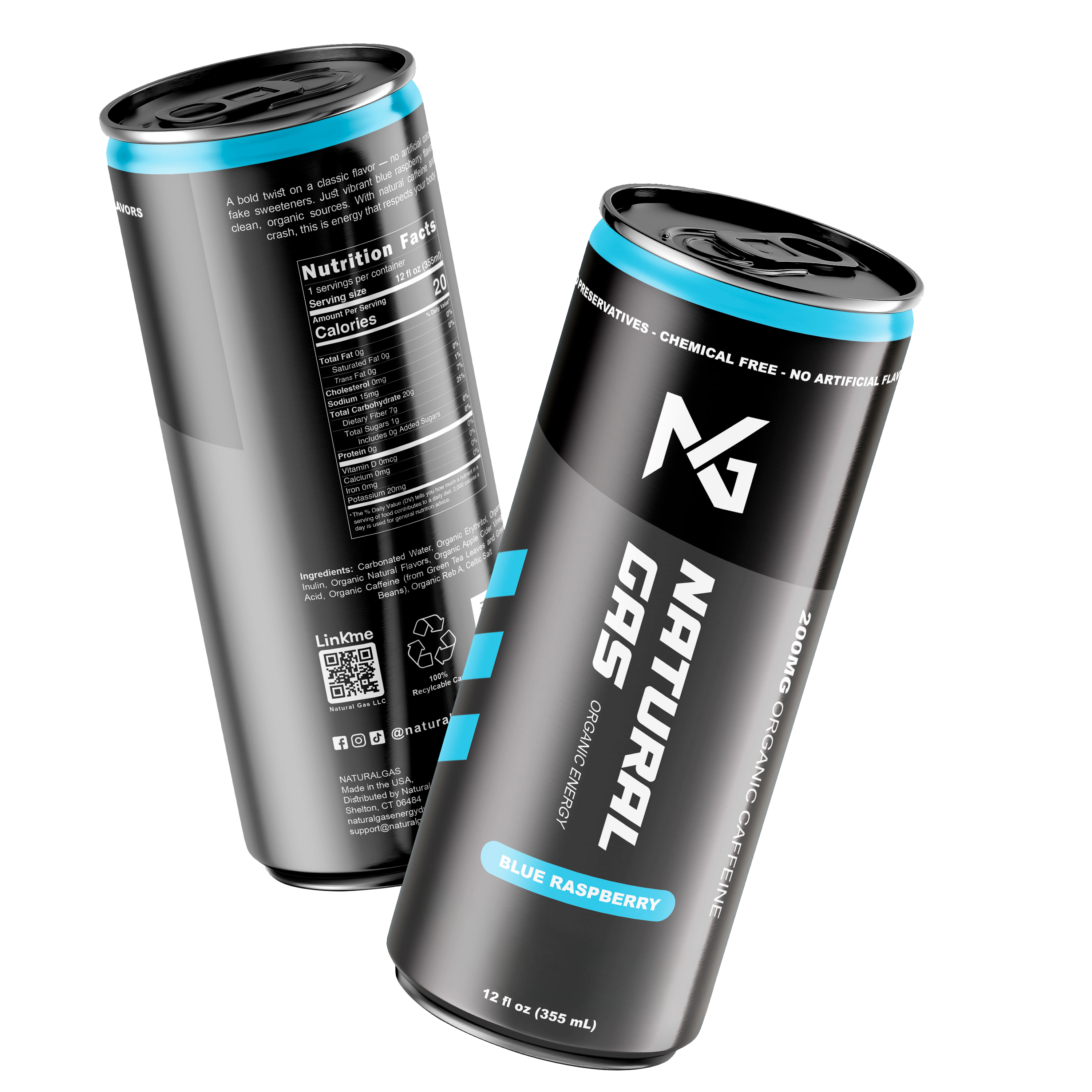 Natural Gas Organic Energy Drink 12 fl oz Can in Blue Raspberry Flavor – Front and Back View Showing Nutrition Facts, USDA Organic, Zero Artificial Sugar, 200mg Organic Caffeine, Clean Energy with No Preservatives or Chemicals