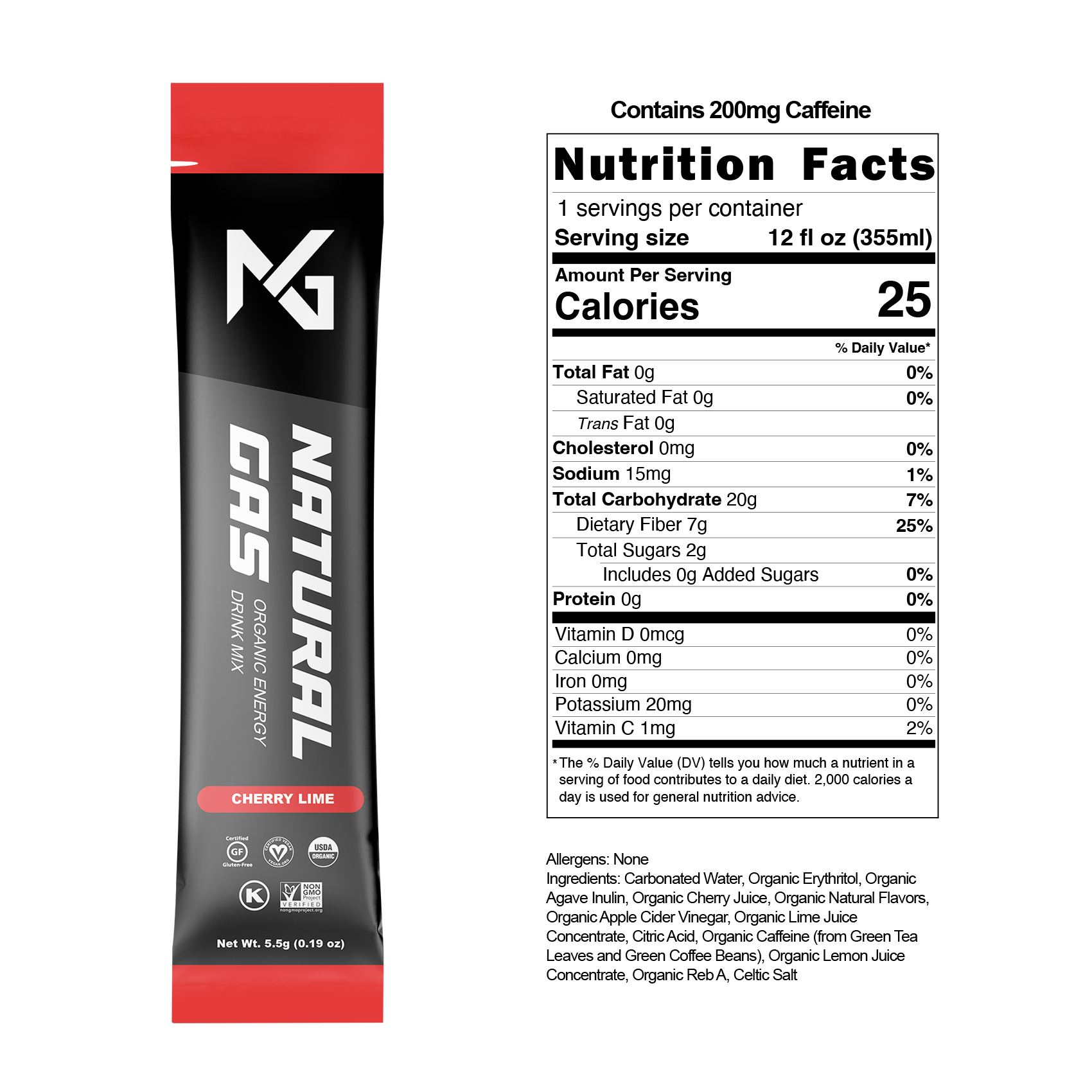 Natural Gas Cherry Lime Organic Energy Stick Pack with label showing USDA Organic certification, zero artificial sugar, and ingredients like cherry juice, lime juice concentrate, apple cider vinegar, and 200mg of organic caffeine.