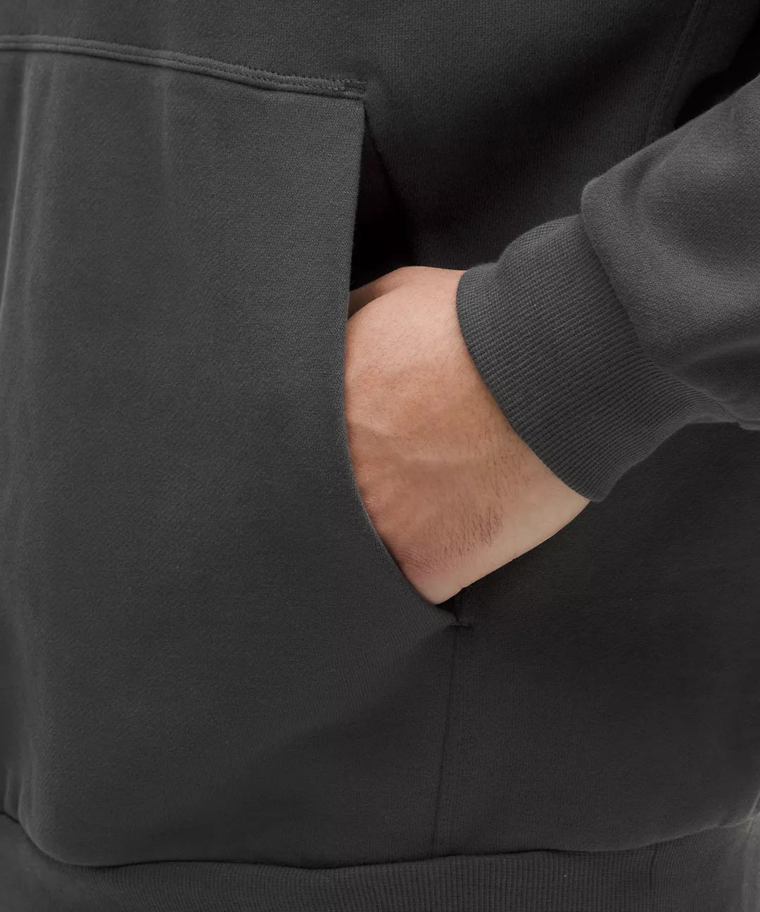 Close-Up of Kangaroo Pocket on Natural Gas Men’s Grey Hoodie with Hand Inserted