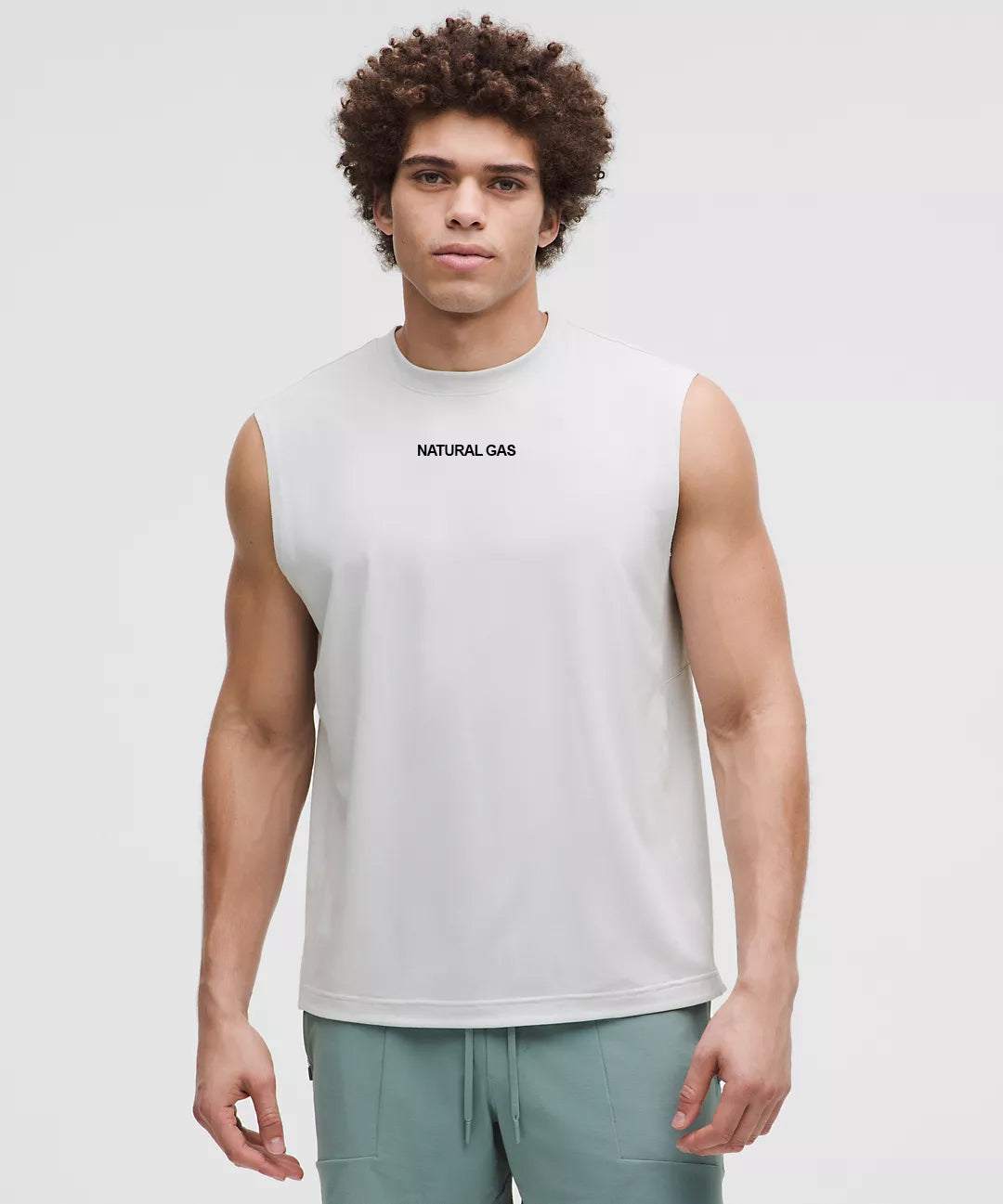 Front View of Natural Gas Men’s White Performance Tank with Minimalist Chest Logo – Sleeveless Workout Shirt
