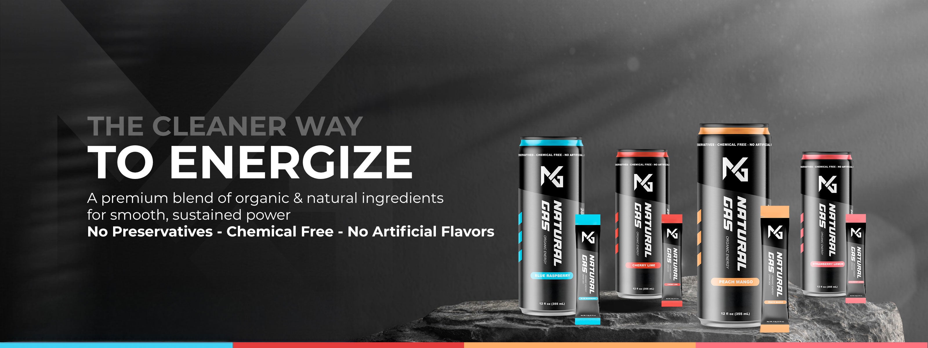 Natural Gas Organic Energy Drink and Stick Packs in Blue Raspberry, Cherry Lime, Peach Mango, and Strawberry Lemon – USDA Organic, Zero Artificial Sugar, No Preservatives, No Chemicals – Clean Energy Banner with Cans and Packets on Stone