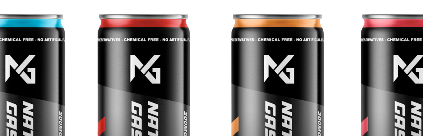 Lineup of Natural Gas Organic Energy Drink cans in Blue Raspberry, Cherry Lime, Peach Mango, and Strawberry Lemon – 200mg organic caffeine, zero artificial sugar, USDA Organic, Gluten-Free, Non-GMO.