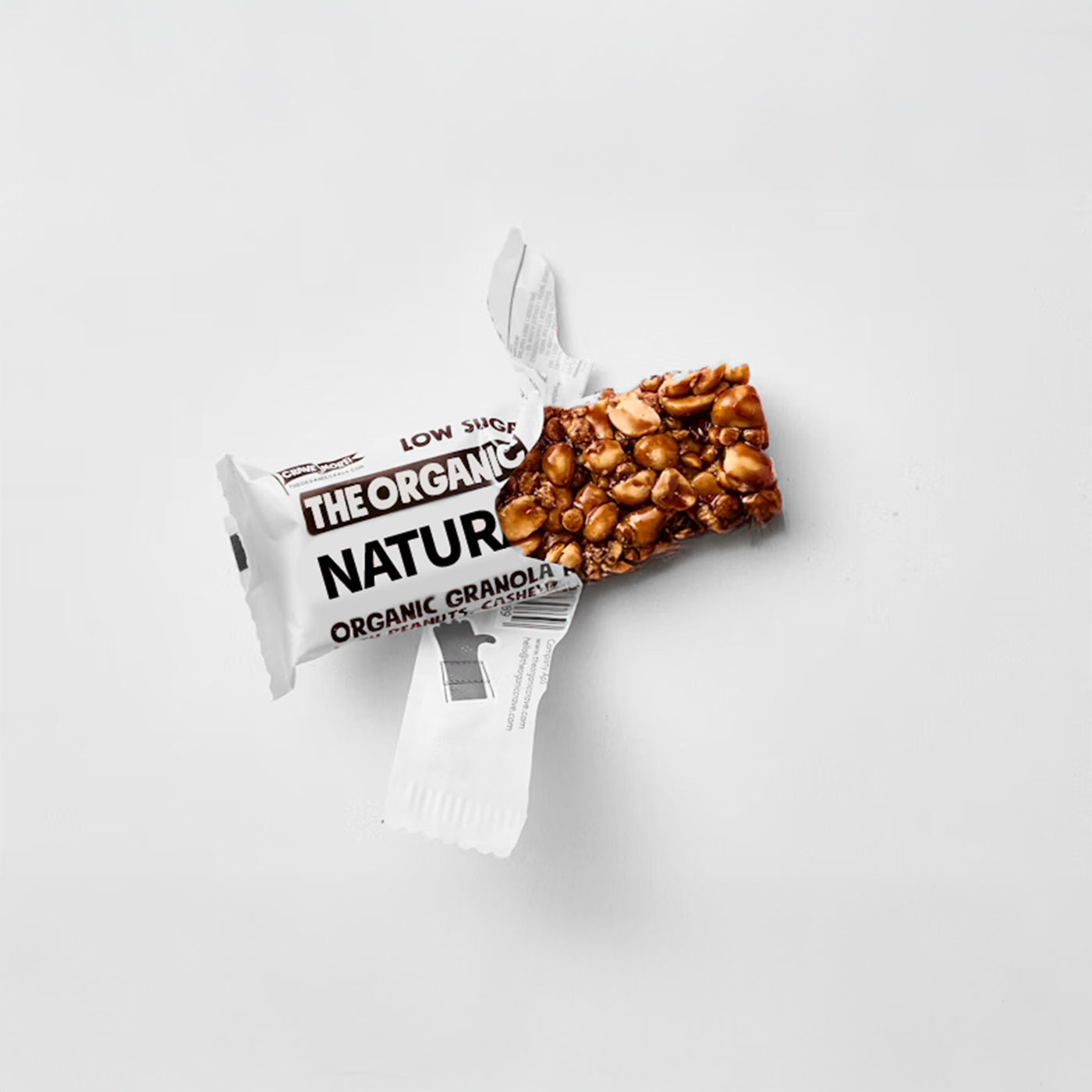 Natural Gas Organic Granola protein bar – Low Sugar, Clean Ingredients, Partially Unwrapped on White Background – Healthy Organic Snack Bar for Energy and Nutrition