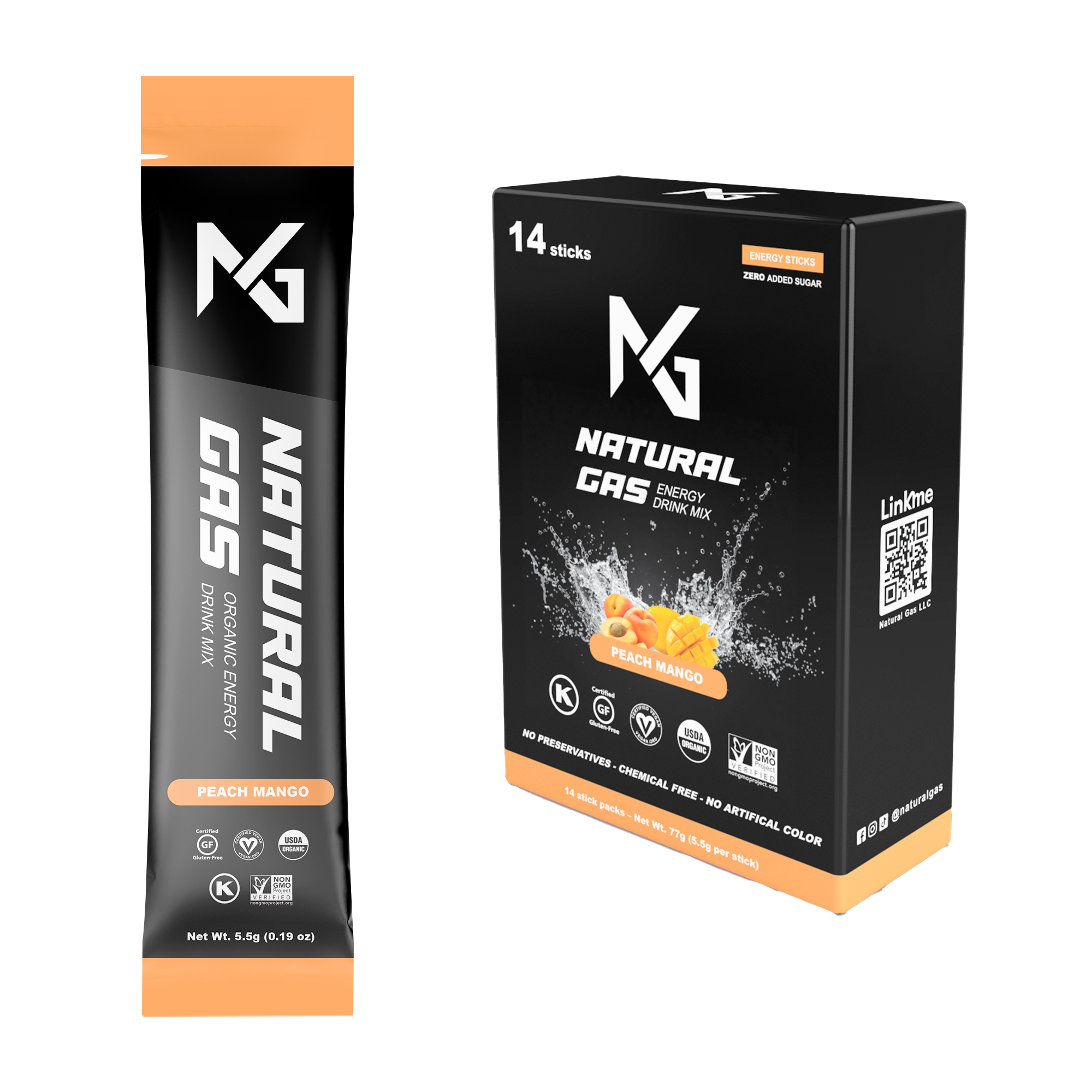 Natural Gas Peach Mango Organic Energy Drink Stick Pack and 14-Pack Box – clean, plant-based energy with no preservatives, zero artificial sugar, and USDA Organic certification.