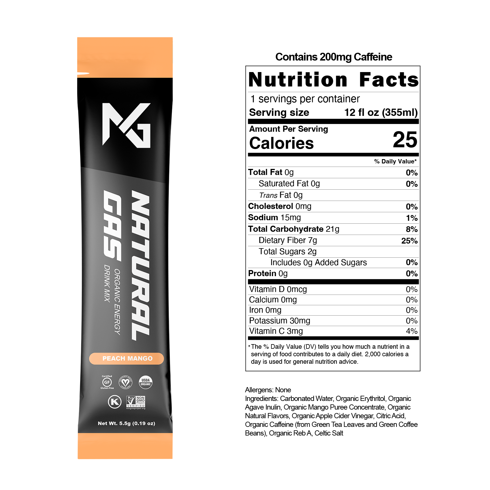Natural Gas Peach Mango Organic Energy Stick Pack with label displaying USDA Organic certification, zero artificial sugar, and clean ingredients like mango puree, apple cider vinegar, green coffee bean caffeine, and Celtic sea salt.