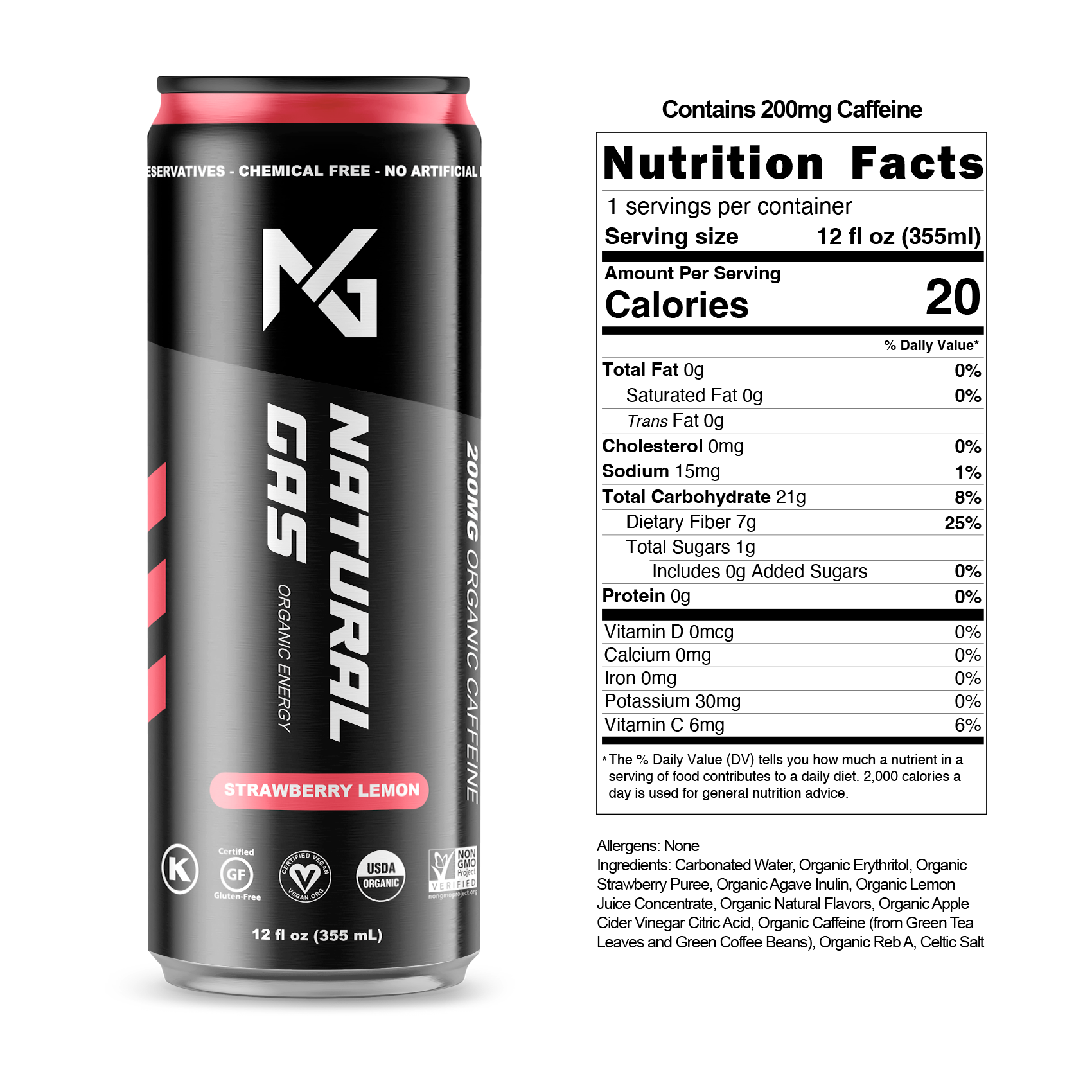 Strawberry Lemon Natural Gas Organic Energy Drink can with full nutrition facts and ingredients, featuring organic strawberry puree, lemon juice, agave inulin, apple cider vinegar, and 200mg organic caffeine.