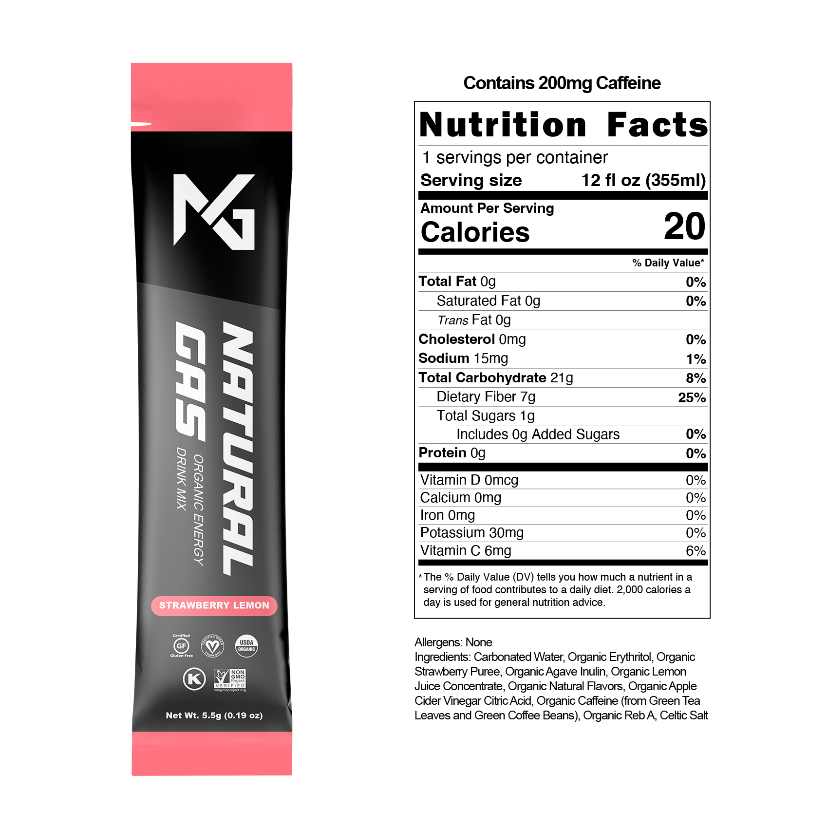 Natural Gas Strawberry Lemon Organic Energy Stick Pack with label showing USDA Organic certification, zero artificial sugar, and ingredients like strawberry puree, lemon juice concentrate, apple cider vinegar, and organic caffeine.